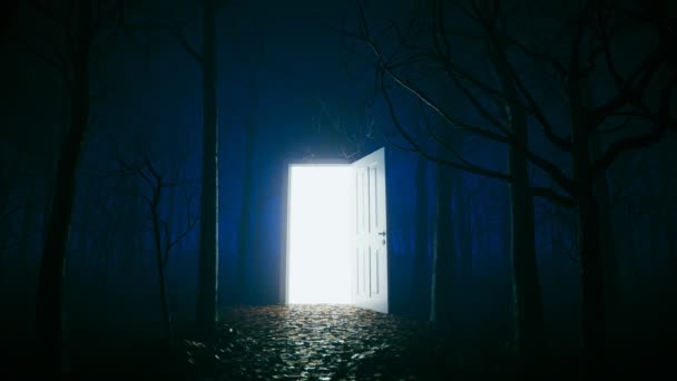Фантастична Сцена Світлий Дверний Портал Старому Лісі Чарівна Сяюча Рамка — стокове відео