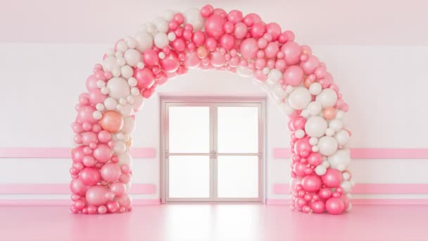 漂亮的气球拱门 由不同色调的粉色和白色气球制成 装饰建筑门的节日和典雅的装饰品 粉红地板和家庭 办公室或医院的墙壁 — 图库视频影像