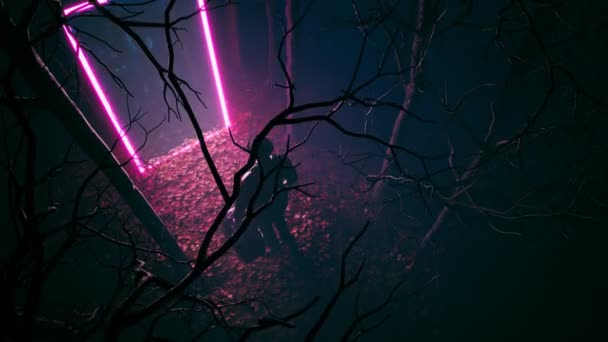 Fantazie Muž Kufrem Prošel Ultrafialovým Neonovým Portálem Lese Magické Světélkující — Stock video