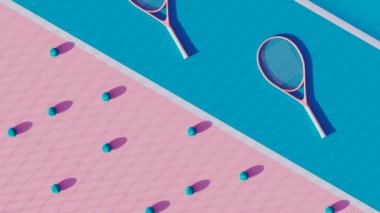 Tenis kortunun bir tarafında tenis raketleri, diğer tarafında da bir sürü tenis topu var. Pembe ve mavi renkli bitmeyen düz animasyon. Servis hatları ve bir ağın gölgesi.