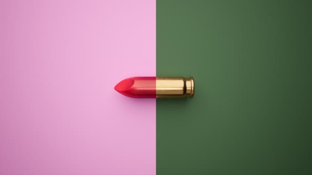 Top View Bisected Ammunition Shell Lipstick Beautiful Deep Red Lipstick — Stock Video