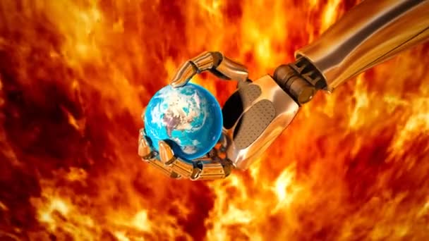 Absztrakt Elképzelés Egy Robotkarról Ami Föld Földgömbjét Tartja Gép Összezúzza — Stock videók