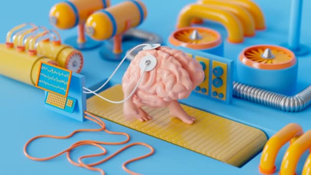 动画片中关于人脑在跑步机上行走的有趣概念 对人类神经系统的检查 收集信息和分析数据 神经细胞的实验室专门知识 — 图库视频影像