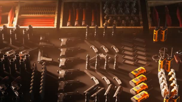 弾薬に満ちた武器と軍用ボックスによるアニメーション 軍用アクセサリー 戦争用品について カートリッジ ハンドガン 爆発物 双眼鏡 手榴弾 ナイフ 懐中電灯 — ストック動画