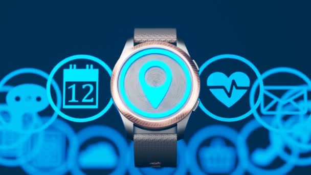 Nowoczesny Smartwatch Glamour Pokazuje Wiele Funkcji Niebieskimi Ikonami Emitowanymi Przez — Wideo stockowe