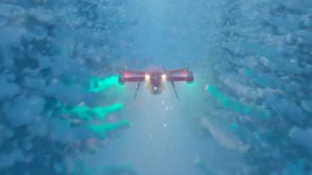 行方不明の人のために雪で覆われた森を探している高速でオレンジ色の救助ドローン ブリザードの中の樹木 無限のシームレスなループアニメーション 2つの強力なスポットライトが道を照らします — ストック動画