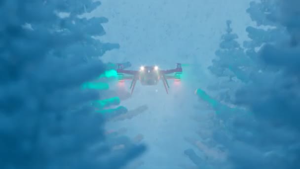 Rápido Drone Resgate Laranja Procurando Uma Floresta Coberta Neve Por — Vídeo de Stock