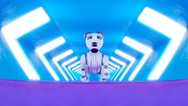 Advanced Robot Puppy Running Illuminated Blue Purple Corridor Shiny White — Stock Video