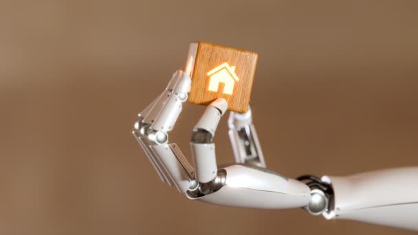Ein Weißer Metallisch Glänzender Roboterarm Hält Einen Holzwürfel Mit Einer — Stockvideo