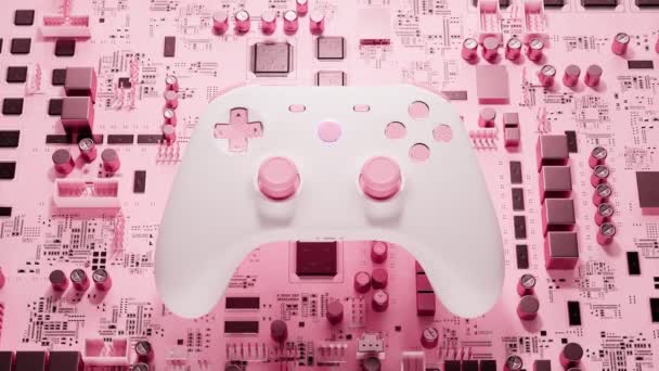 全新的白色游戏面板控制器 粉色女性电路板背景 聚乙烯板在焦点上 金属晶体管在深度的场爆裂效果 现代女选手流 — 图库视频影像
