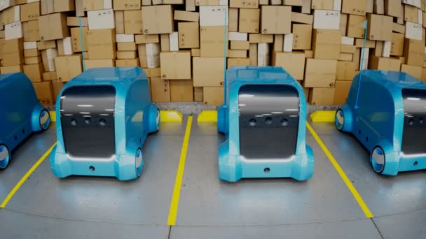 Robots Entrega Autónomos Modernos Parados Fila Almacén Innumerables Cajas Cartón — Vídeo de stock