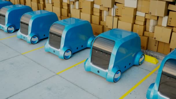 Moderní Autonomní Doručovací Roboti Stojící Řadě Skladišti Nespočetné Kartonové Krabice — Stock video