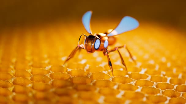 Kleiner Mechanischer Autonomer Goldener Insektenroboter Der Auf Einer Detaillierten Sechseckigen — Stockvideo