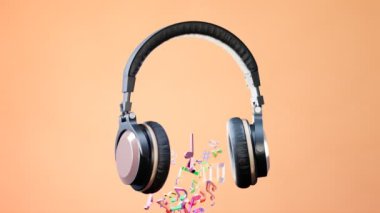 Müziği açık olan kablosuz kulaklıklar turuncu arka planda ritimle hareket ediyor. Kulaklıklardan notalar ve müzik sembolleri düşüyor. Sesi dinliyordum. 4K HD