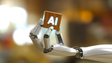 Beyaz, parlak metalik robotik bir kol yapay zeka ikonlu tahta bir küp tutuyor. İnsan evini yöneten modern teknoloji. Yapay zeka akıllı ev aletlerini kontrol eder. CGI 'ı hazırlayın. 4K.