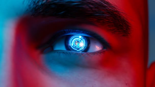 Sulje Silmäkamera Implantti Hitaasti Keskittyen Näkymä Futuristinen Optinen Linssi Väline — kuvapankkivideo