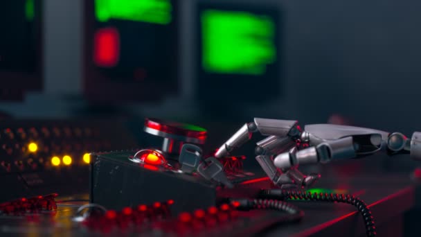 Lázadás Futurisztikus Koncepciója Robotkar Vezérlőpult Előtt Kiborg Aktiválja Nukleáris Fegyvereket — Stock videók