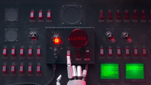 Ai叛变的未来主义概念 在控制面板前的机械臂 机器人激活了核武器 发射原子弹头 人工智能开启了全球大屠杀的序幕 — 图库视频影像