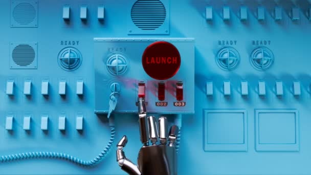 Ai叛变的未来主义概念 在控制面板前的机械臂 机器人激活了核武器 发射原子弹头 人工智能开启了全球大屠杀的序幕 — 图库视频影像