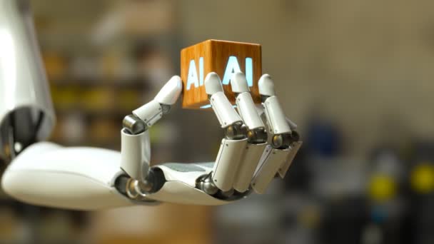 一个闪亮的白色金属机械臂托着一个带有人工智能图标的木制立方体 现代技术管理人类的家园 人工智能控制着智能家用电器 渲染Cgi — 图库视频影像