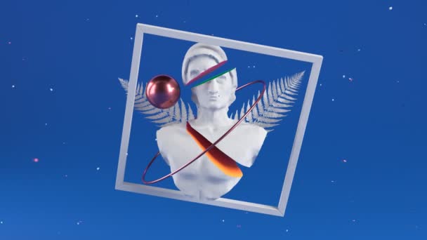 正方形のフレーム フェルン葉 深い青い背景に対してフープで浮かぶ男女の白い像 アート 魅力的な現代アートワーク 3Dレンダリング — ストック動画