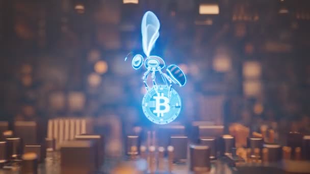 Eine Blau Leuchtende Kryptowährungsbiene Überträgt Das Verdiente Geld Durch Eine — Stockvideo