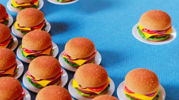 Vedere Unghiulară Hamburgerilor Luați Carnea Vită Carnea Susan Legumele Farfurie — Videoclip de stoc
