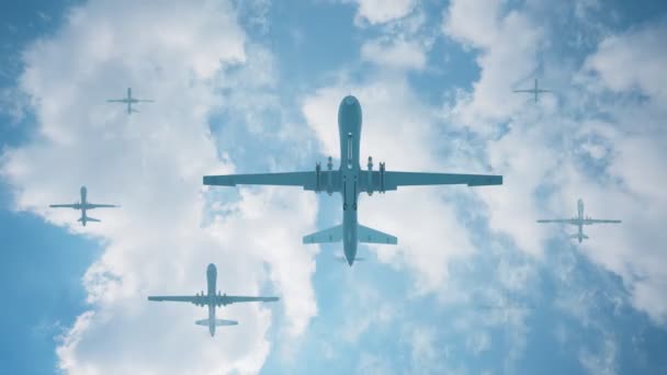 一个由无人驾驶飞行器组成的空中舰队准备攻击巨大的投弹圈 飞军在全国各地制造了混乱和恐惧 蓝天白云 无缝隙无边的循环动画 — 图库视频影像
