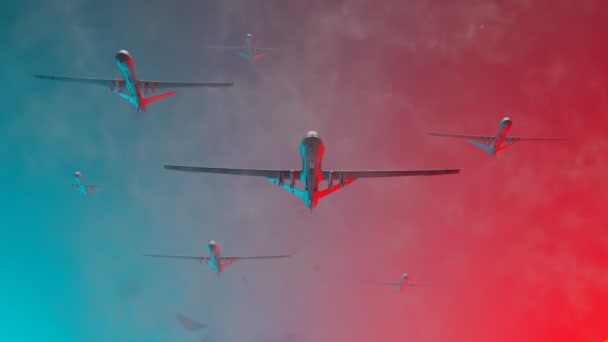 一个由无人驾驶飞行器组成的空中舰队准备攻击巨大的投弹圈 飞军在全国各地制造了混乱和恐惧 红天无缝隙无边的循环动画 — 图库视频影像