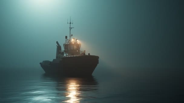 タグボートやタグはゆっくりと前進する 海は穏やかに振動し 濃い霧によって作られた大気の気分は暖かい光によって点灯します 夜明けや夜明けに 冷たい 懐かしい気分 カメラはボートの上を回る — ストック動画
