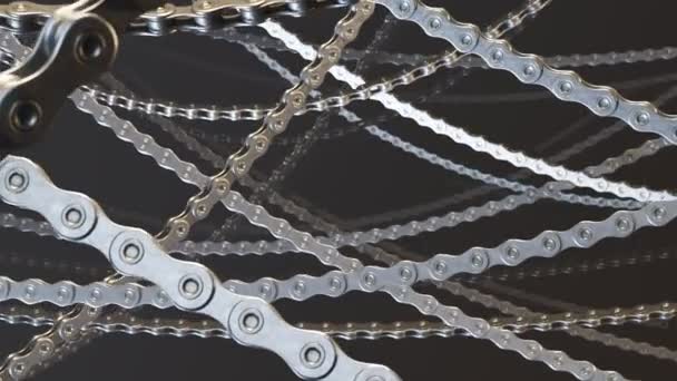 Muchas Cadenas Bicicleta Colgantes Sobre Fondo Oscuro Animación Bucle Interminable — Vídeos de Stock