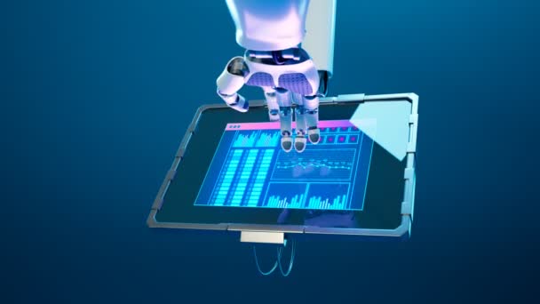 Futuristische Szene Eines Strahlend Weißen Roboterarms Der Den Touchscreen Berührt — Stockvideo