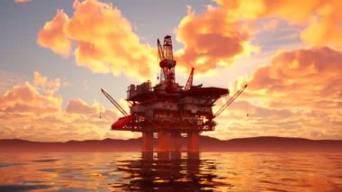 Gün batımında petrol platformu. Yoğun bulutlar yavaşça hareket ediyor. Denizde ya da okyanusta ham petrol çıkartan bir sondaj kulesi. Enerji endüstrisi, petrol mühendisliği, teknoloji, petrol sahası için illüstrasyon
