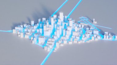 Beyaz bloklar ve mavi çizgilerden oluşan basitleştirilmiş şematik şehir gökdelenler, kuleler, evler ve apartmanlar ile yoğun kentsel gelişim gösteriyor. Havaalanı ve trafik. 4k HD canlandırması.