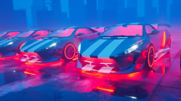 Wiele Sportowych Samochodów Wyścigowych Stojących Mokrym Parkingu Deszczu Neon Doprowadziły — Wideo stockowe