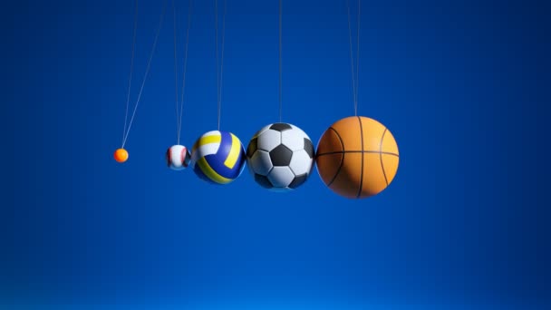 牛顿的摇篮是由不同的运动球制成的 乒乓球 足球和篮球 从最小的到最大的三维渲染动量守恒 — 图库视频影像