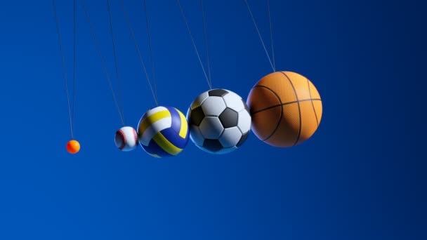 牛顿的摇篮是由不同的运动球制成的 乒乓球 足球和篮球 从最小的到最大的三维渲染动量守恒 — 图库视频影像