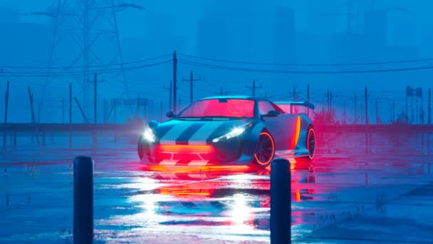 雨の中 濡れた駐車場に立っているスポーツカー ネオンは車輪と車の下に赤いライトを導きました 背景にある青い街並みと電気ポスト Hdレンダリング — ストック動画