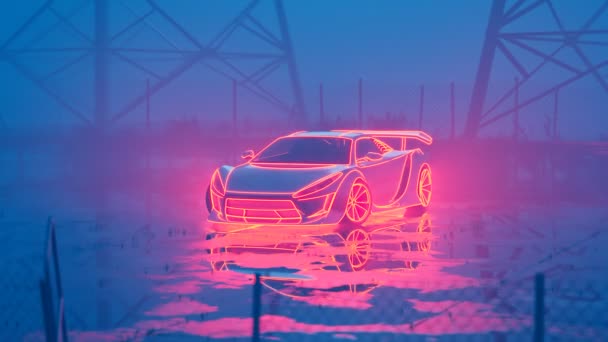 One Sport Racing Car Standing Wet Parking Lot Rain Neon — Stock Video