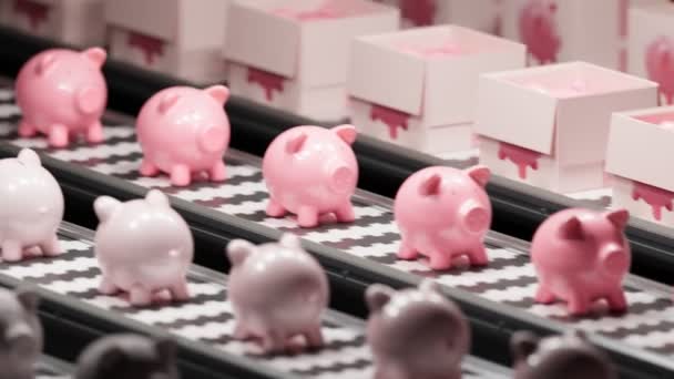 Production Line Filled Pink Piggy Banks Cute Toy Moving Constantly — Stock Video