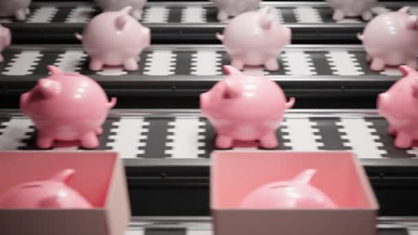 生产线上满是粉红的猪扒 用传送带不停地运动的可爱的玩具 儿童玩具工厂 后面是打包好的猪无尽的循环动画 Hd渲染 — 图库视频影像