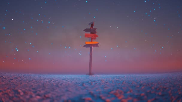 沙漠中的交叉口 许多空的方向标志指向不同的方向 在雾蒙蒙的夜晚 红箭和星星一起示警 重要决策的概念和混乱 Hd渲染 — 图库视频影像