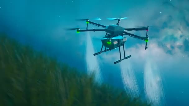 Animacja Dronem Opryskującym Produkty Roślinne Plantacji Nocy Quadrocopters Podlewa Zioła — Wideo stockowe