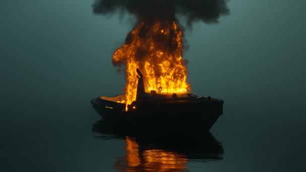 穏やかな海の上のタグボートは大きな火をキャッチします 霧の夜にたくさんの煙が出る炎 海洋破局が海岸から 暗い怖い気分だった Hdレンダリング — ストック動画
