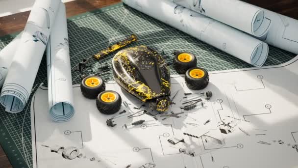 Rc型汽车的制造过程 小型赛车模型被组装在桌子上 床单上的蓝图是可见的 黄色的玩具车准备好玩乐了 Hd渲染 — 图库视频影像