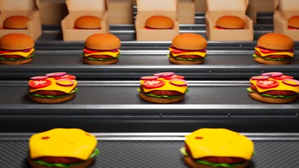 Baris Produksi Diisi Dengan Bahan Hamburger Langkah Berbeda Untuk Merakit — Stok Video