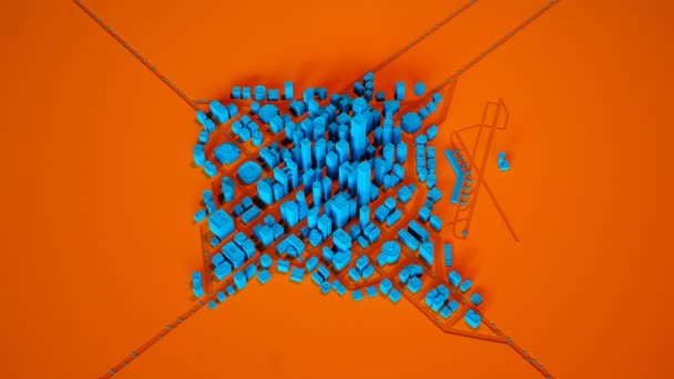 Απλουστευμένη Σχηματική Πόλη Φτιαγμένη Από Μπλε Τετράγωνα Ένα Ζωντανό Πορτοκαλί — Αρχείο Βίντεο