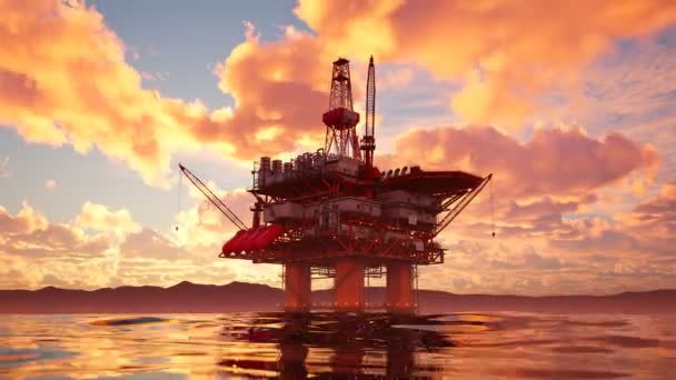 Нефтяная Вышка Закате Плотные Облака Медленно Движутся Морская Буровая Установка — стоковое видео