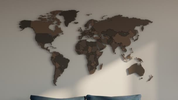 Drewniana Mapa Świata Dekoracji Ścian Elegancki Prosty Wystrój Wnętrz Dla — Wideo stockowe