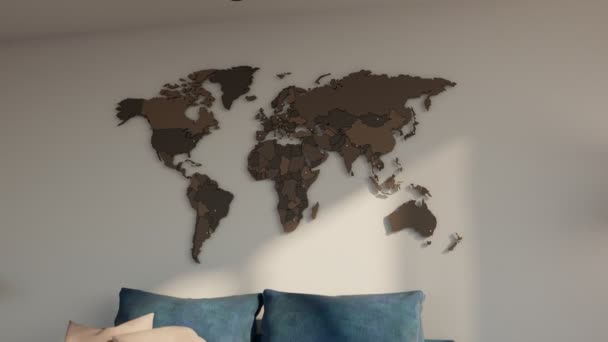 Wanddekoration Der Weltkarte Aus Holz Elegantes Und Einfaches Interieur Für — Stockvideo